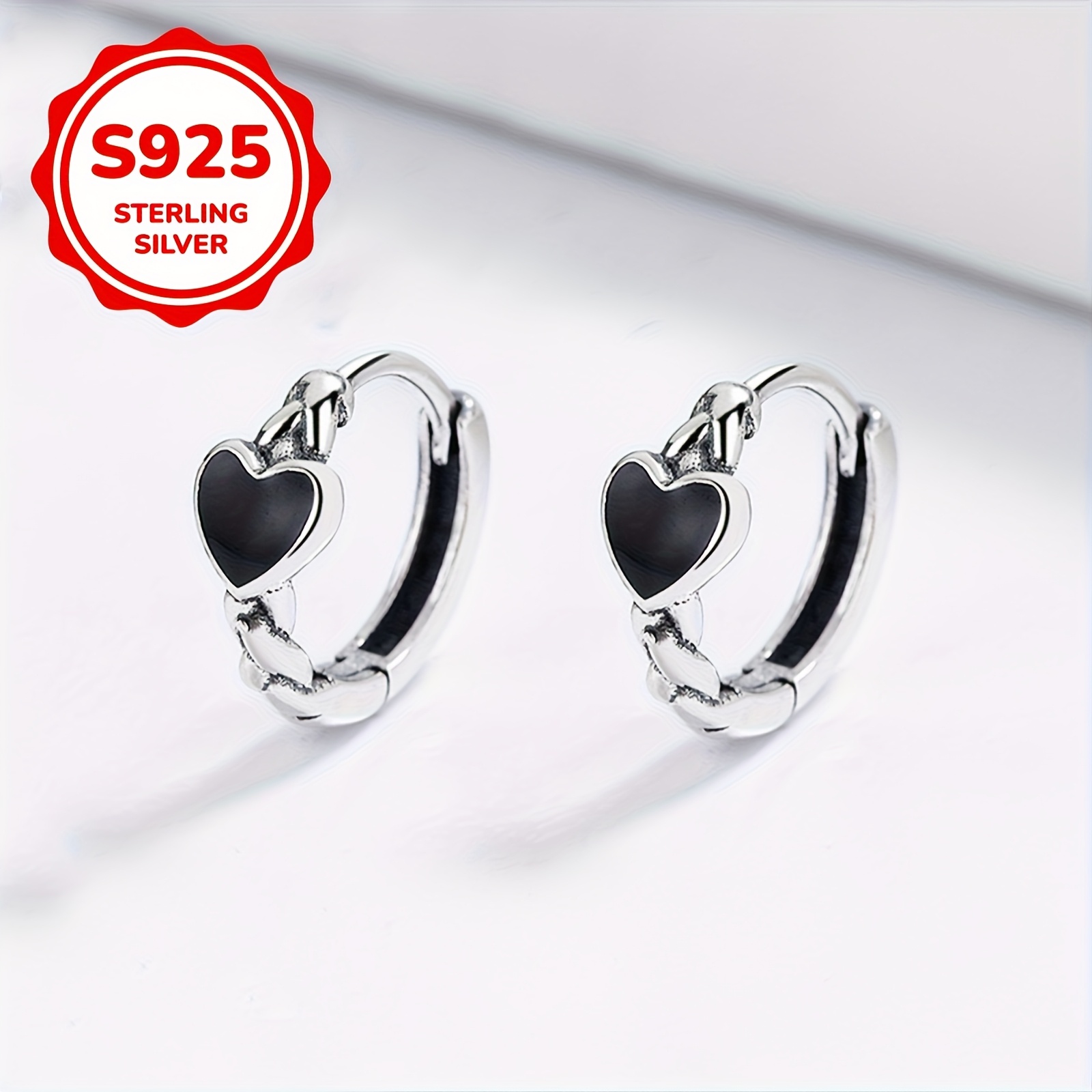 Women's 2pc S925 Silver Black Heart Stud Earrings, Versatile Gift